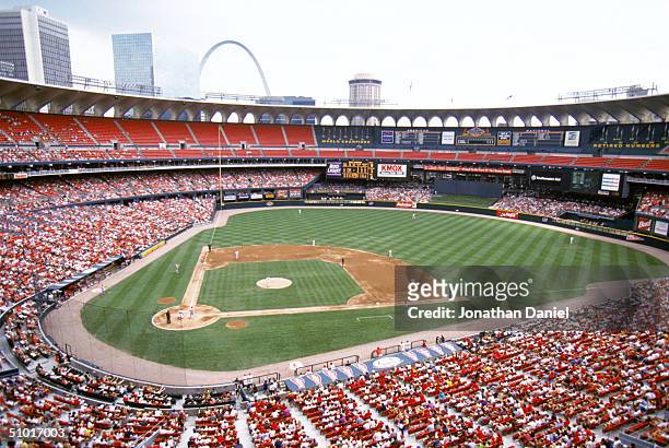 General view of Busch Stadium, home of the St. Louis Cardinals during a game against the Philadelphia Phillies on June 10, 1997 in St. Louis,...