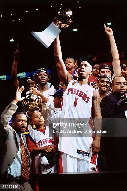 Chauncey Billups of the Detroit Pistons celebrates the win over the Los Angeles Lakers after game five of the 2004 NBA Finals at The Palace of Auburn...