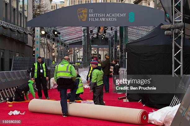 The red carpet is laid ahead of the 69th EE British Academy Film Awards at The Royal Opera House on February 14, 2016 in London, England.