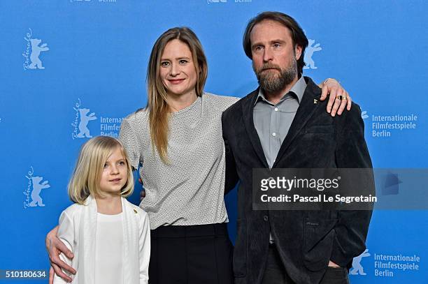 Actresses Emilia Pieske, Julia Jentsch and actor Bjarne Maedel attend the '24 Wochen' photo call during the 66th Berlinale International Film...
