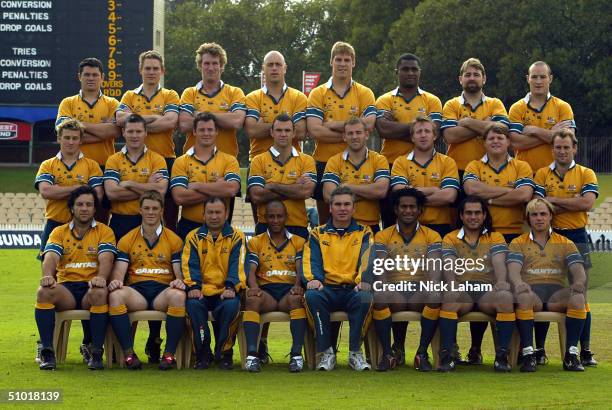 The Wallabies pose for their team photo during the Australian Wallabies Captains Run at Adelaide Oval July 2, 2004 in Adelaide, Australia.