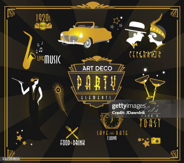 ilustraciones, imágenes clip art, dibujos animados e iconos de stock de partido icono de estilo art decó y juego de etiquetas - gatsby image