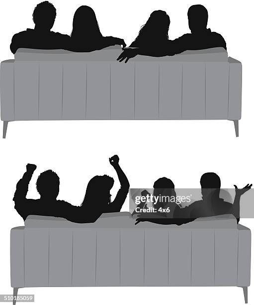 group of friends sitting on sofa - couple sitting on couch stock illustrations