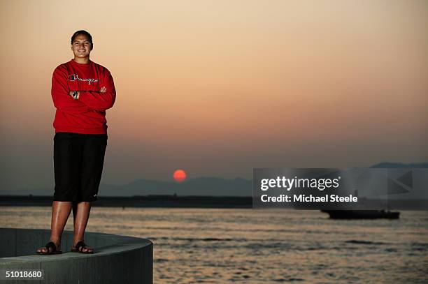 Valarie Adams, Shot Putter of New Zealand and Olympic hopeful for Athens at the Osaka Maritime Museum area, on May 6, 2004 in Osaka, Japan.