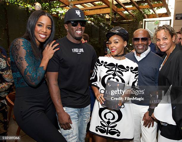 Singer Kelly Rowland, Music Executive Sean Combs, Singer Janelle Monae, Music Executive LA Reid and Erica Reid pose for a photo at the LA Reid "Sing...