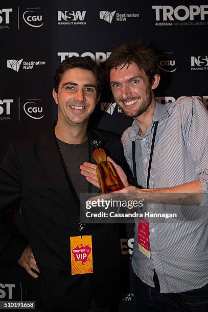 Winner of second place for their film Postcards to Ulay at Tropfest nick Baker and Tristan Klein at Centennial Park on February 14, 2016 in Sydney,...