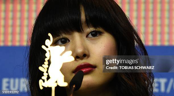 Australian actress Shioli Kutsuna addresses a press conference for the film "While the Women are Sleeping" in the Panorama Special category of the...