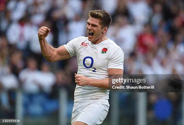Owen Farrell of England celebrates after scoring his team's fifth try during the RBS Six Nations match between Italy and England at the Stadio...
