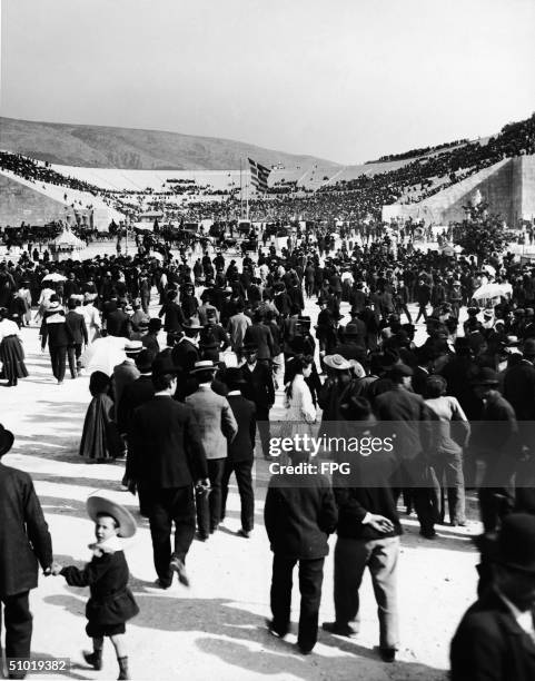 Crowds begin to arrive at the restored Olympic Stadium in Athens, Greece, early April, 1896. These Athens games were the first of the modern era of...