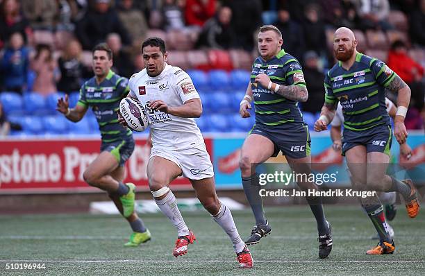 Setaimata Sa of Widnes Vikings cuts through the defence to setup a try during the First Utility Super League match between Widnes Vikings and Leeds...