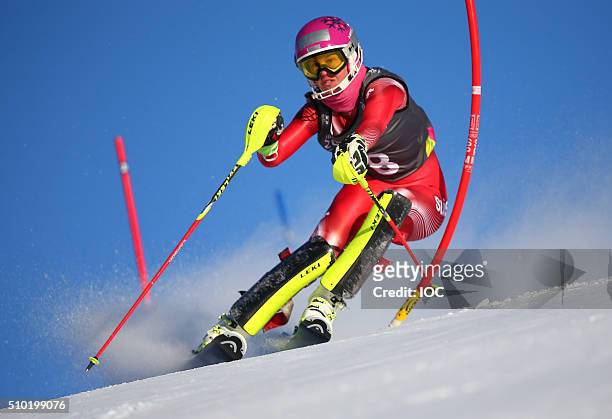 In this handout image supplied by the IOC, Aline Danioth SUI competes during the Ladies Alpine Combined Slalom at the Hafjell Olympic Slope during...