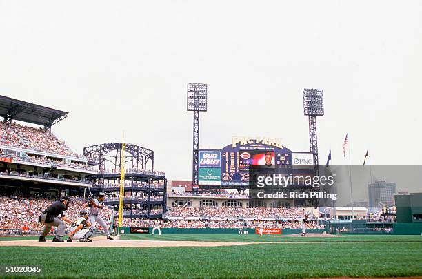 The first pitch of the first game between the Cincinnati Reds and the Pittsburgh Pirates goes out on April 9, 2001 at PNC Park in Pittsburgh,...