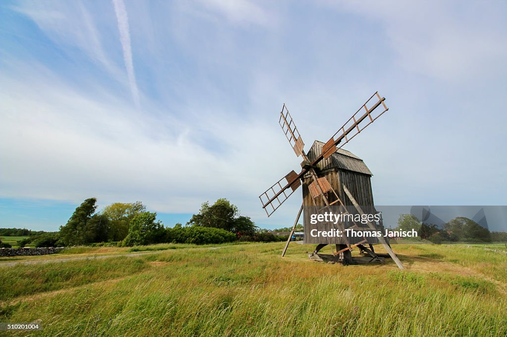 Old wooden windmill on the island ��land, Sweden