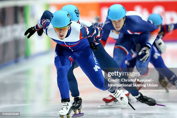 Dmitry Migunov of Russia during the men 500m final A during Day 3 of ISU Short Track World Cup at Sportboulevard on February 14, 2016 in Dordrecht,...