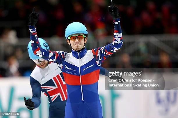 Dmitry Migunov of Russia celebrates his victory of the men 500m final A during Day 3 of ISU Short Track World Cup at Sportboulevard on February 14,...