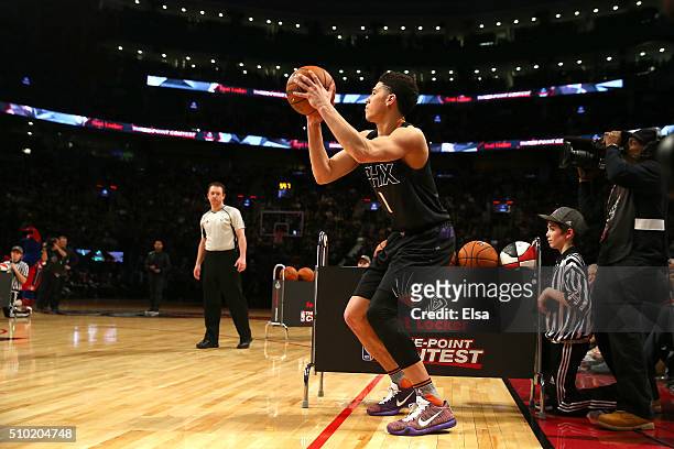 Devin Booker of the Phoenix Suns shoots in the Foot Locker Three-Point Contest during NBA All-Star Weekend 2016 at Air Canada Centre on February 13,...