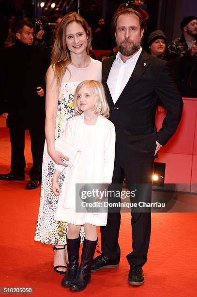 Actors Julia Jentsch, Emilia Pieske and Bjarne Maedel attend the '24 Wochen' premiere during the 66th Berlinale International Film Festival Berlin at...