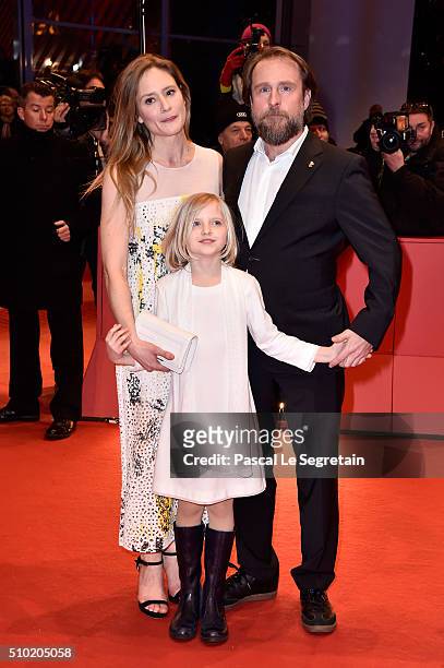 Actors Julia Jentsch, Emilia Pieske and Bjarne Maedel attend the '24 Wochen' premiere during the 66th Berlinale International Film Festival Berlin at...
