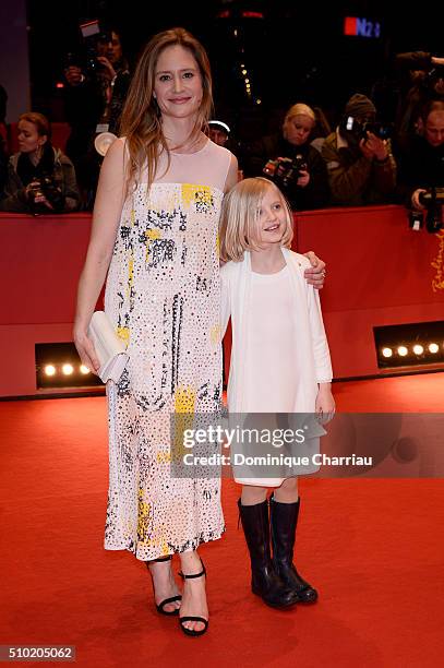 Actresses Julia Jentsch and Emilia Pieske attend the '24 Wochen' premiere during the 66th Berlinale International Film Festival Berlin at Berlinale...