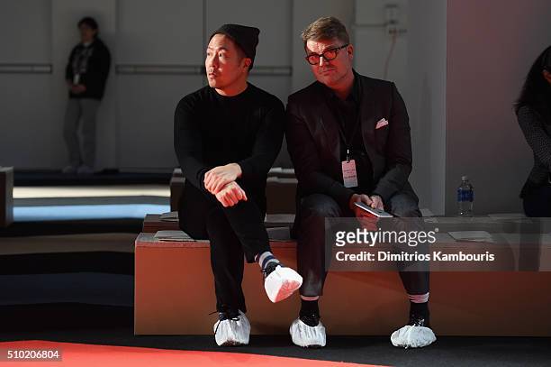 Designer Derek Lam and CEO of Derek Lam Jan-Hendrik Schlottmann attend rehearsal for the Derek Lam Fall 2016 fashion show during New York Fashion...