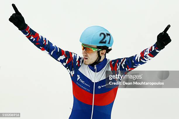 Dmitry Migunov of Russia celebrates winning the gold medal in the 500m Mens Final during ISU Short Track Speed Skating World Cup held at The...