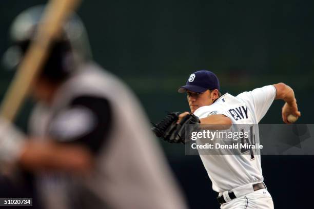 Starting pitcher Jake Peavy of the San Padres pitches against the Kansas City Royals July 2, 2004 at Petco Park in San Diego, California.