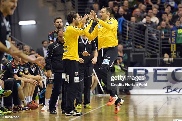 Silvio Heinevetter and Petr Stochl of Fuechse Berlin during the game between Fuechse Berlin and MT Melsungen on February 14, 2016 in Berlin, Germany.