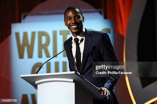 Write/actor Jerrod Carmichael speaks onstage during the 2016 Writers Guild Awards L.A. Ceremony at the Hyatt Regency Century Plaza on February 13,...