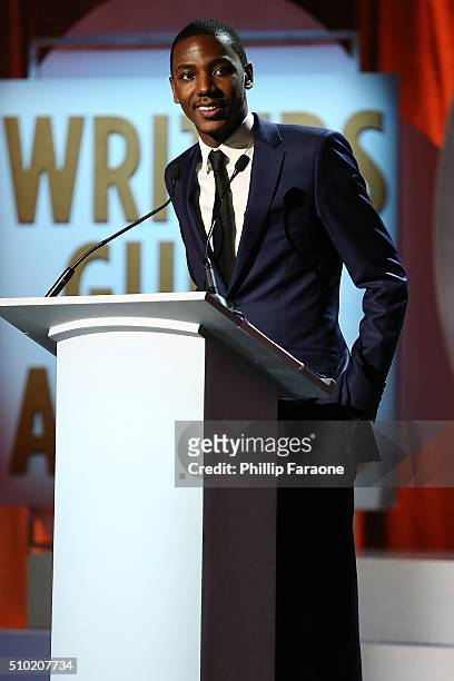 Writer/actor Jerrod Carmichael speaks onstage during the 2016 Writers Guild Awards L.A. Ceremony at the Hyatt Regency Century Plaza on February 13,...