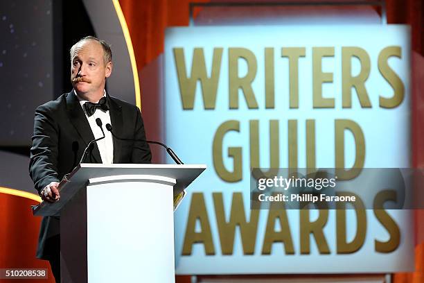 Writer/actor Matt Walsh speaks onstage during the 2016 Writers Guild Awards L.A. Ceremony at the Hyatt Regency Century Plaza on February 13, 2016 in...