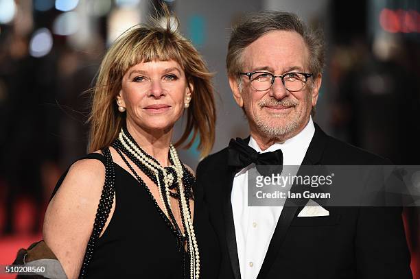 Kate Capshaw and Steven Spielberg attend the EE British Academy Film Awards at the Royal Opera House on February 14, 2016 in London, England.