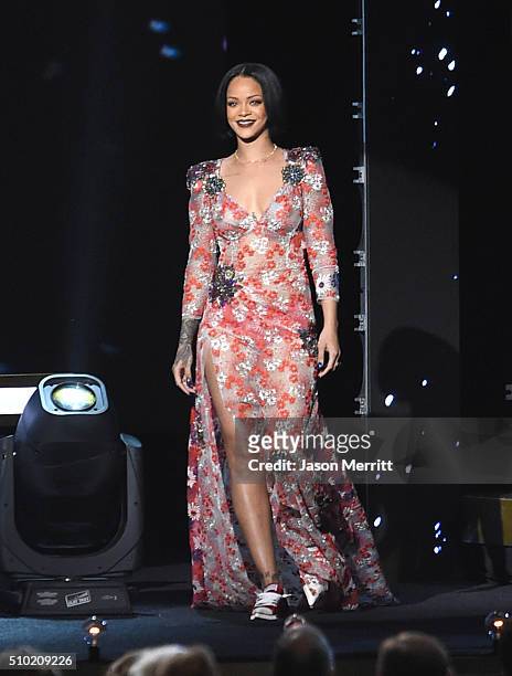 Singer Rihanna performs onstage at the 2016 MusiCares Person of the Year honoring Lionel Richie at the Los Angeles Convention Center on February 13,...