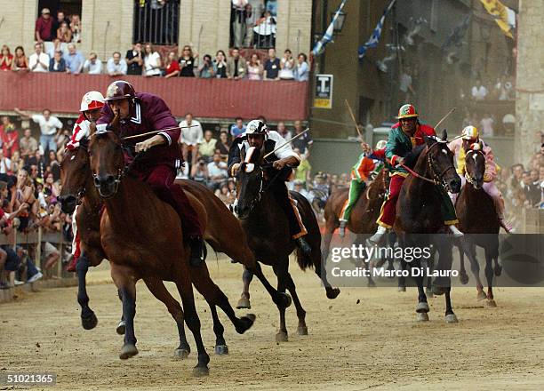 Jockeys, wearing the colours of their Contrade, ride their horses in Piazza del Campo as they start the Palio horse race, on July 2, 2004 in Siena,...