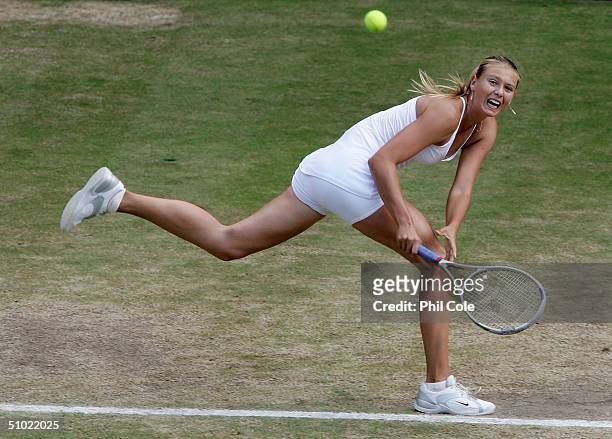 Maria Sharapova of Russia in action during the ladies final match against Serena Williams of USA at the Wimbledon Lawn Tennis Championship on July 3,...