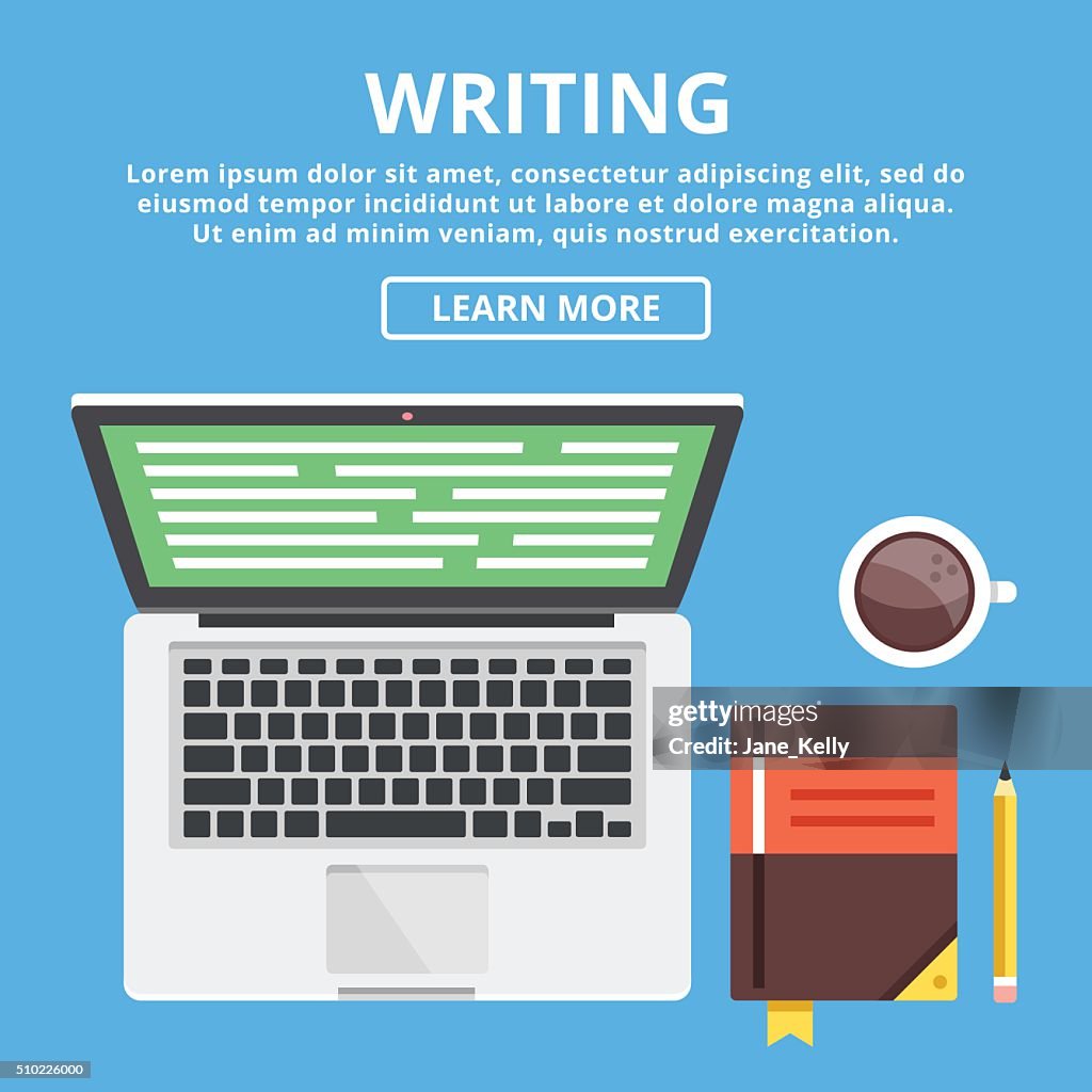Differnt Workspaces Writing Writing Flat Illustration Concept Workspace With Writers Equipment High ...