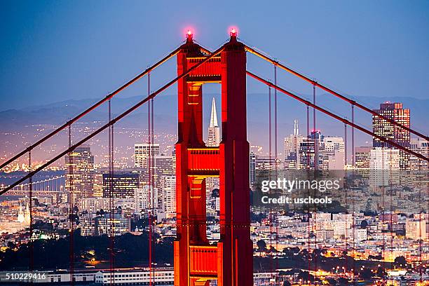 golden gate bridge with san francisco cityscape close up - golden gate stock pictures, royalty-free photos & images