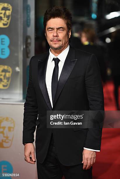 Benicio del Toro attends the EE British Academy Film Awards at the Royal Opera House on February 14, 2016 in London, England.