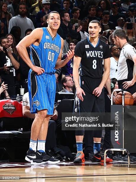 Aaron Gordon of the Orlando Magic and Zach LaVine of the Minnesota Timberwolves face off for the final round of the dunk contest during the Verizon...