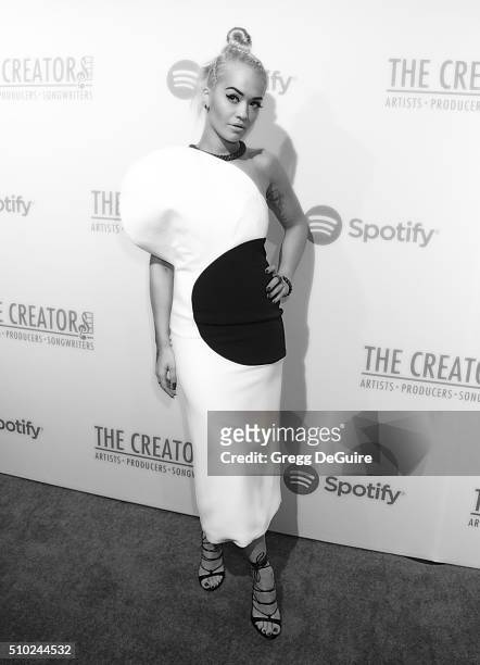 Singer Rita Ora arrives at The Creators Party Presented by Spotify, Cicada, Los Angeles at Cicada on February 13, 2016 in Los Angeles, California.