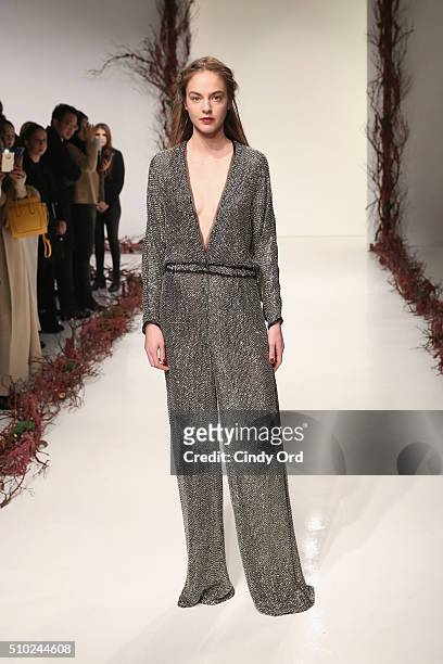Model walks the runway wearing Rachel Zoe Fall 2016 during New York Fashion Week: The Shows at The Space, Skylight at Clarkson Sq on February 14,...