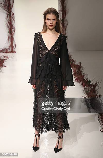 Model walks the runway wearing Rachel Zoe Fall 2016 during New York Fashion Week: The Shows at The Space, Skylight at Clarkson Sq on February 14,...