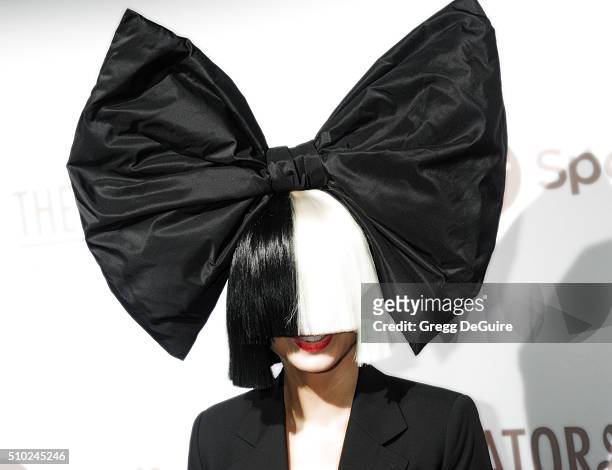 Singer Sia arrives at The Creators Party Presented by Spotify, Cicada, Los Angeles at Cicada on February 13, 2016 in Los Angeles, California.