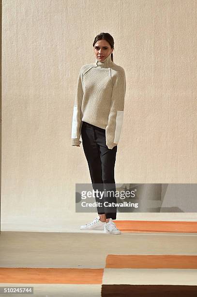 Victoria Beckham on the runway at the Victoria Beckham Autumn Winter 2016 fashion show during New York Fashion Week on February 14, 2016 in New York,...