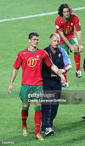 Cristiano Ronaldo of Portugal in tears with coach Luiz Felipe Scolari after the UEFA Euro 2004, Final match between Portugal and Greece at the Luz...