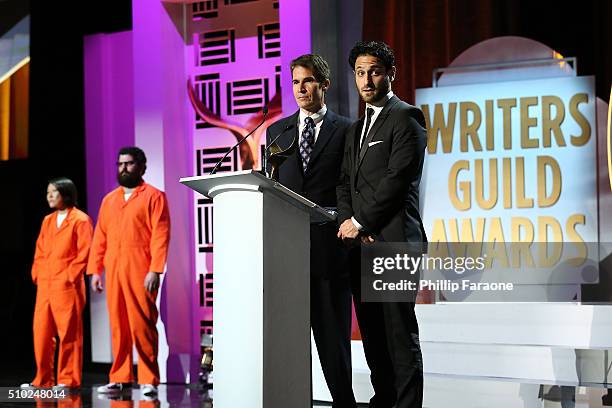 Writers Chip Johannessen and Seth Fisher accept the award for Outstanding Writing Original Long Form for "Saints & Strangers" onstage during the 2016...