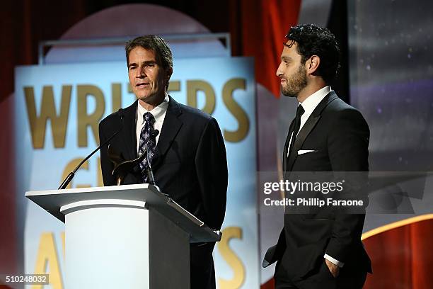 Writers Chip Johannessen and Seth Fisher accept the award for Outstanding Writing Original Long Form for "Saints & Strangers" onstage during the 2016...