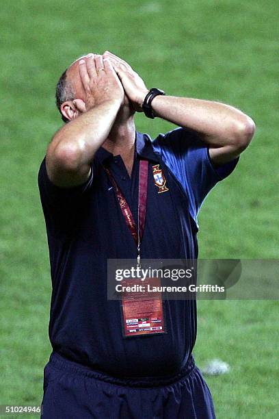 Dejected coach Luiz Felipe Scolari of Portugal after losing the UEFA Euro 2004, Final match between Portugal and Greece at the Luz Stadium on July 4,...