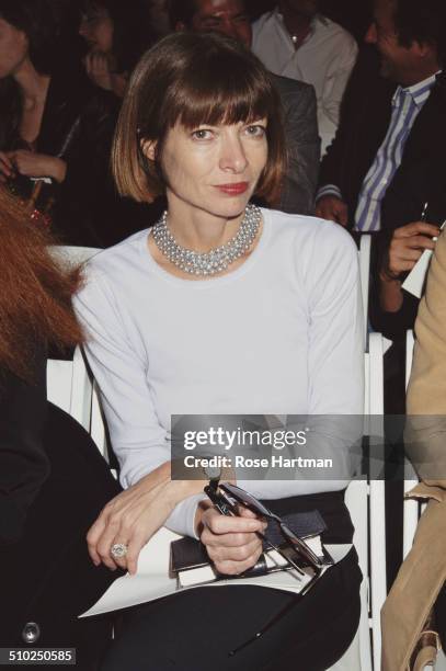 English editor-in-chief of American Vogue, Anna Wintour, at a show being held during Fashion Week, Bryant Park, New York City, USA, April 1997.