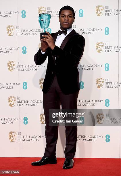 John Boyega poses with the EE Rising Star Award in the winners room at the EE British Academy Film Awards at the Royal Opera House on February 14,...