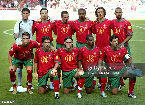 Portugal national football team players pose, 04 July 2004 at the Luz stadium in Lisbon, prior to the Euro 2004 final match between Portugal and...